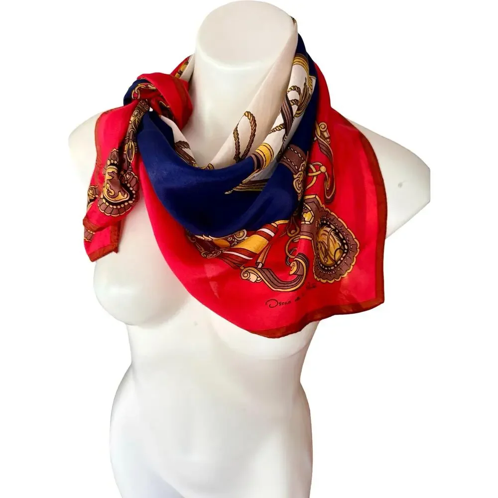 Vintage Oscar de la Renta 1980's Silk Chiffon Equestrian Bit Chain Scarf 30 x 30
